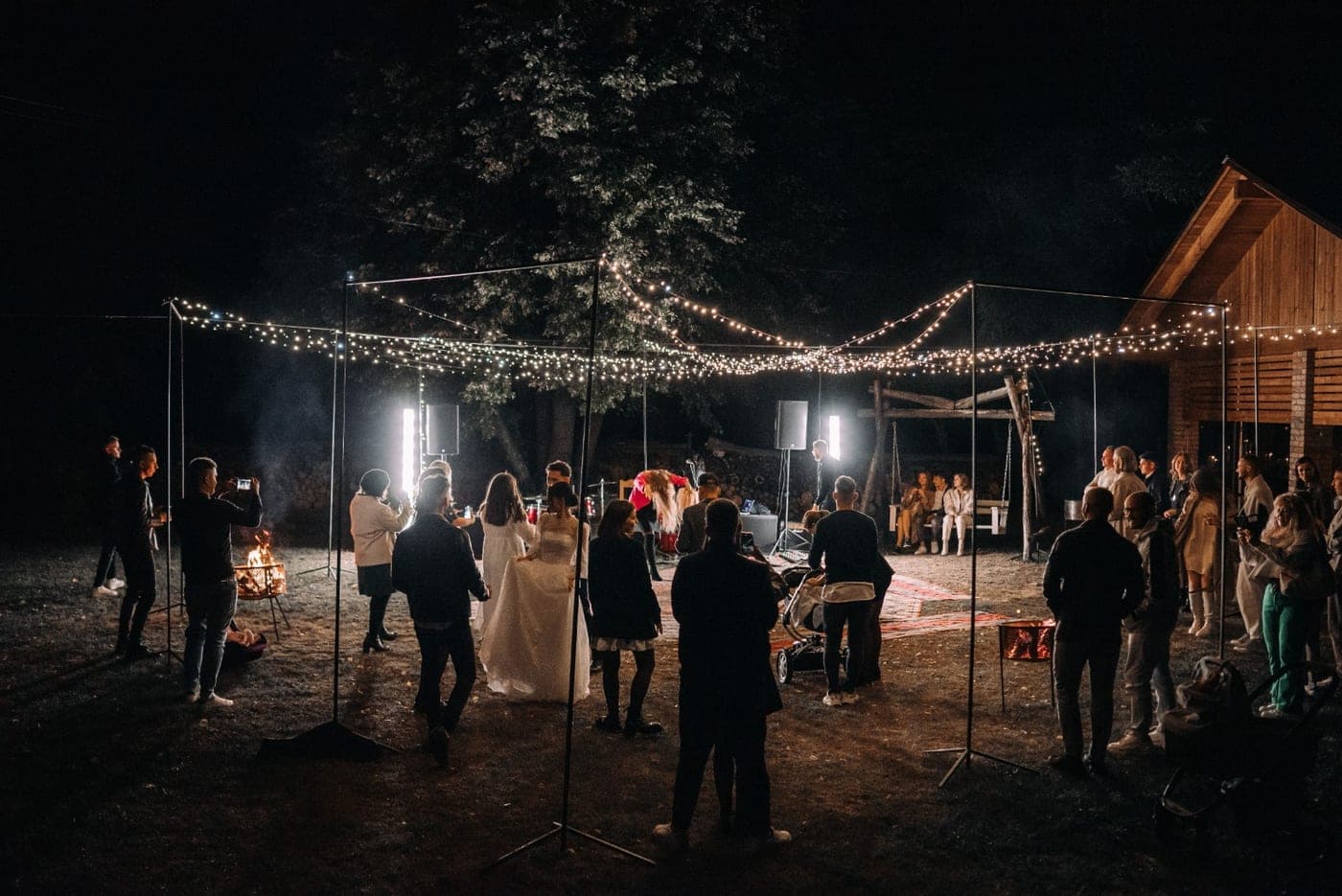 Fireworks over the reception venue at night